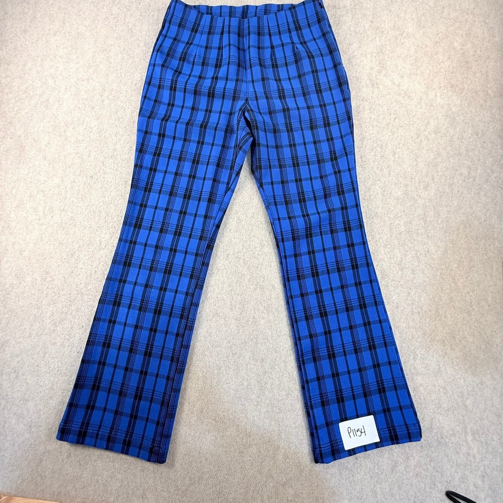 Free People Blue Black Plaid High Waisted Flare Pants Side Zip Trousers